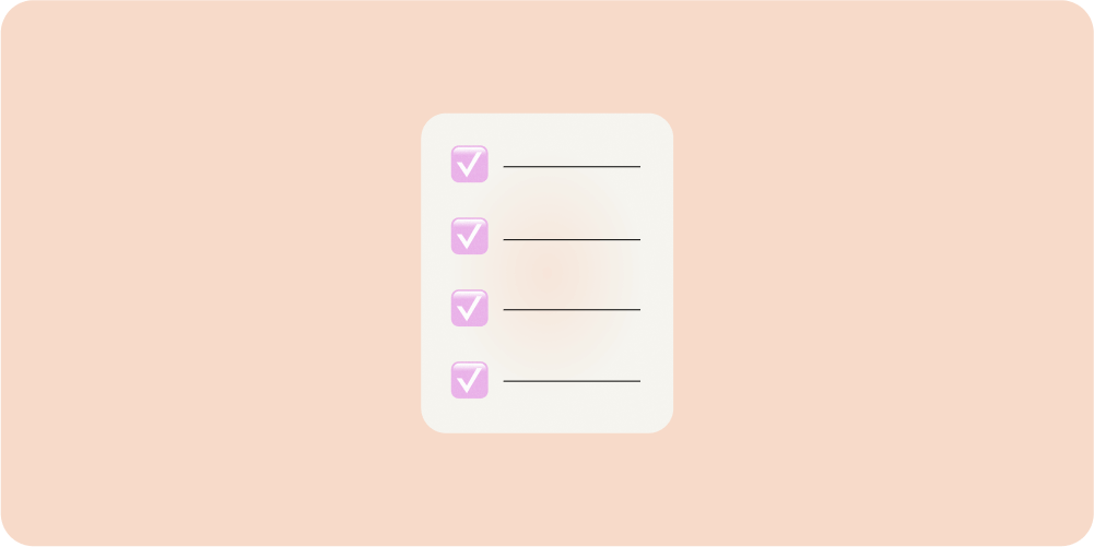 Контрольный список на бежевом фоне с четырьмя розовыми флажками и линиями, символизирующий организованность и продуктивность. Каждый пункт отмечен галочкой.